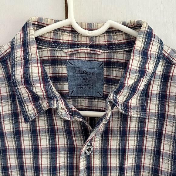LL Bean Mens Cotton Plaid Button Up Shirt L Blue Red White Long Sleeve Fisherman - Picture 5 of 9